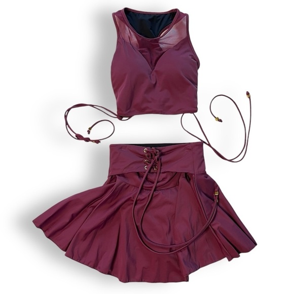 Wave Shine Skirt Set Maroon Waist Cinched Corset Swim Skirt/ Mesh Halter Bikini - Picture 3 of 16